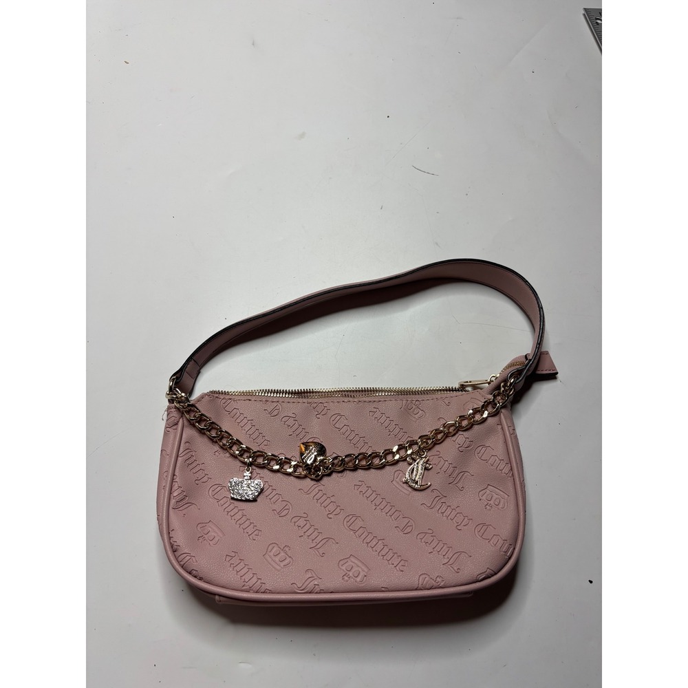 Juicy Couture Pink Embossed Logo Baguette Shoulder Bag Gold Chain Charms Y2K